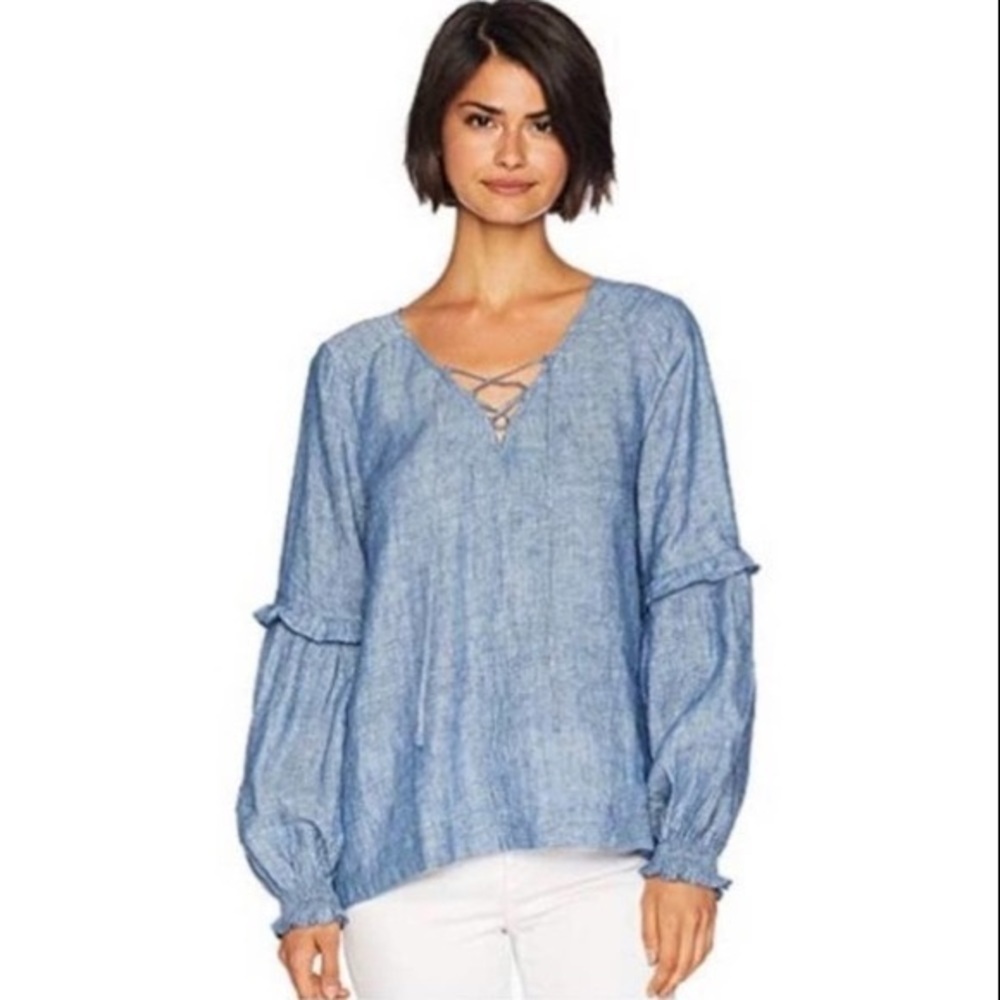 Anthropologie Sanctuary Lila Linen Lace-up Top Balloon Sleeve Chambray Medium